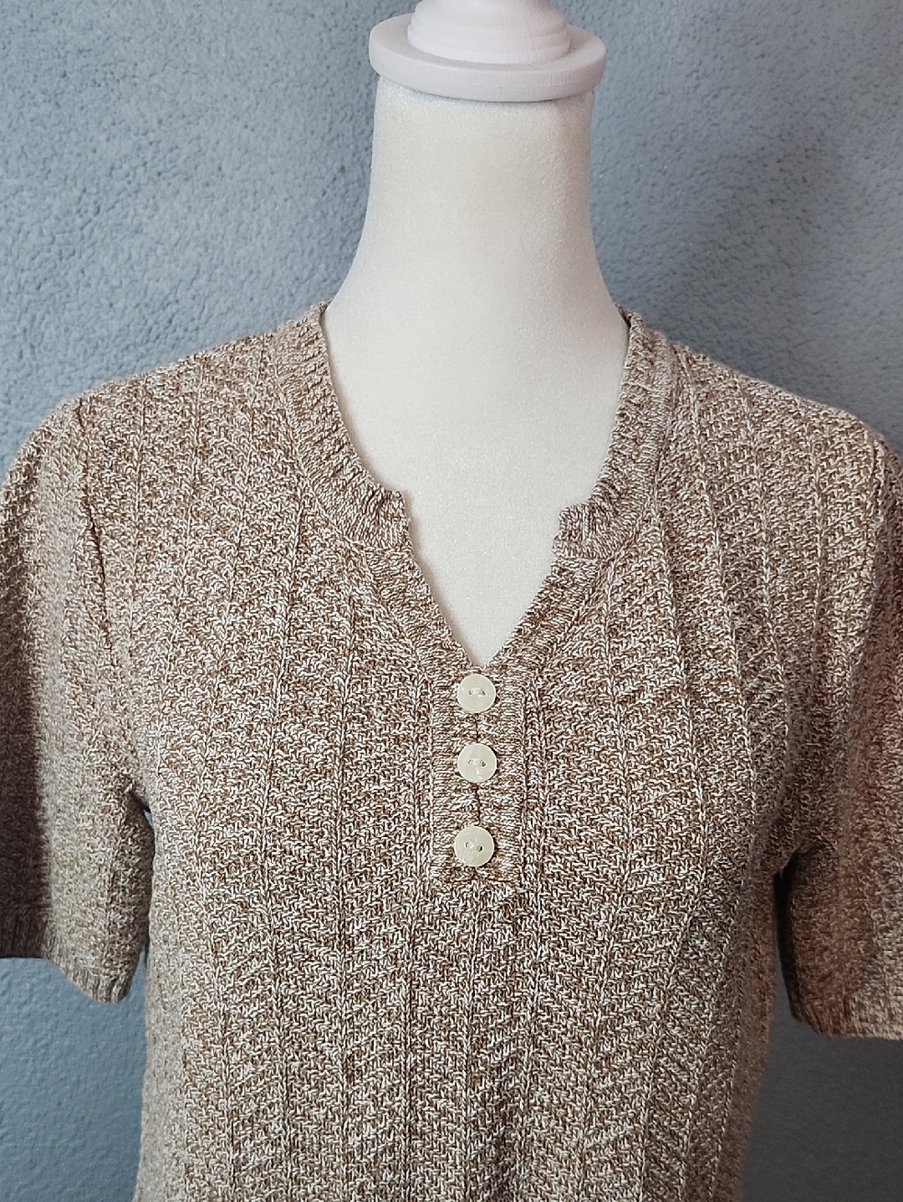 Classic V-Neck Short-Sleeve Knit Top - Beige - Picture 2 of 4